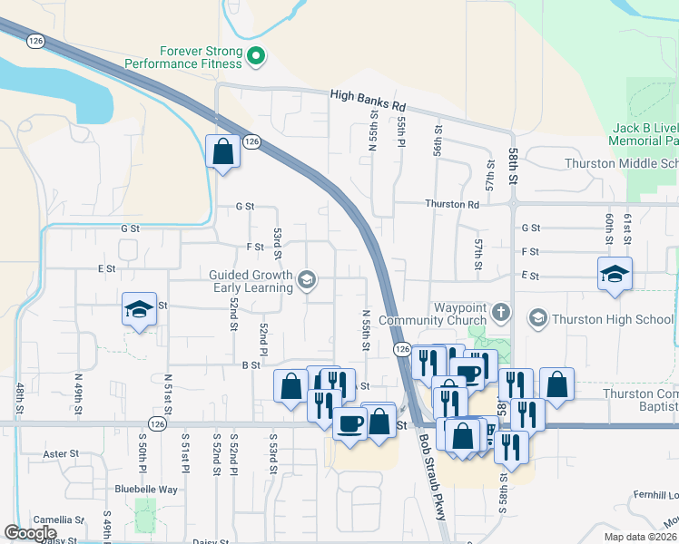 map of restaurants, bars, coffee shops, grocery stores, and more near 5419 E Street in Springfield