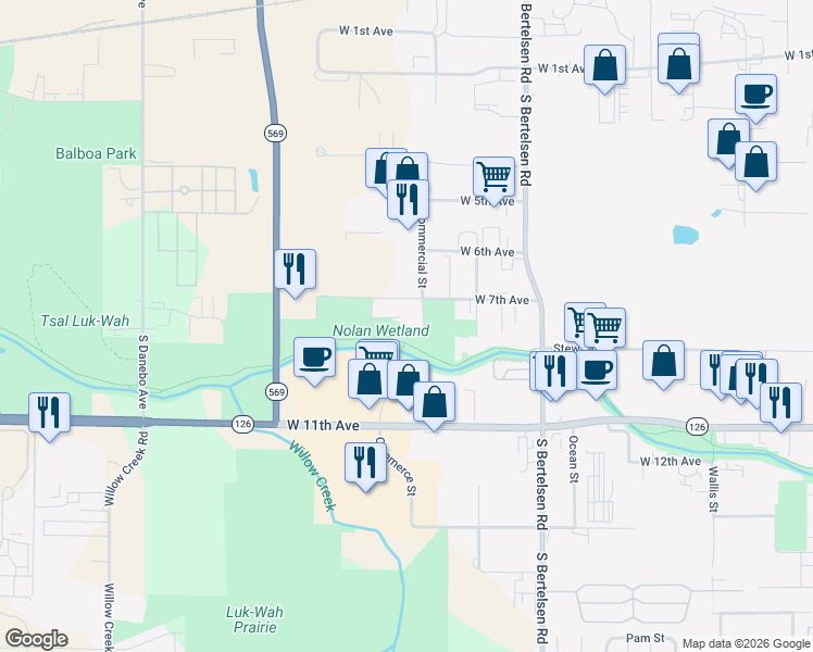 map of restaurants, bars, coffee shops, grocery stores, and more near Fern Ridge Trail in Eugene