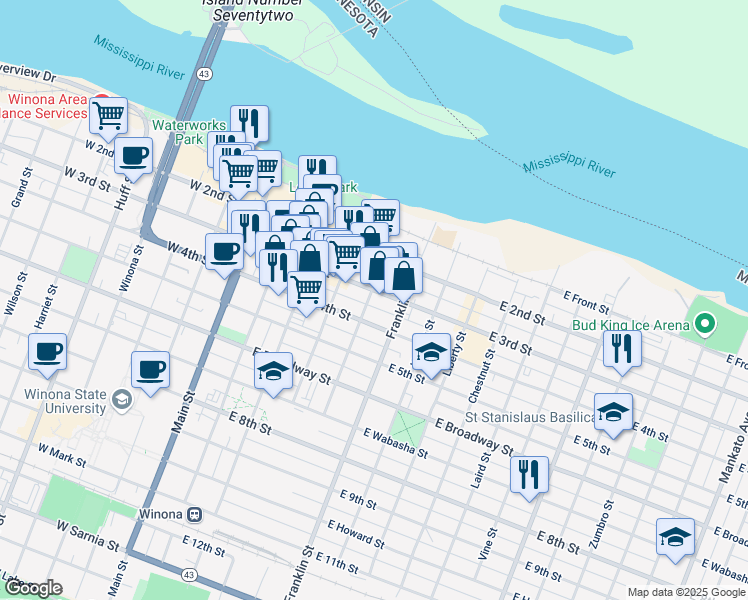 map of restaurants, bars, coffee shops, grocery stores, and more near 230 East 4th Street in Winona