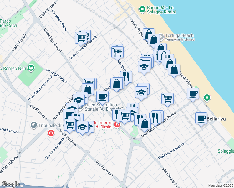 map of restaurants, bars, coffee shops, grocery stores, and more near 24 Via Antonio Fogazzaro in Rimini