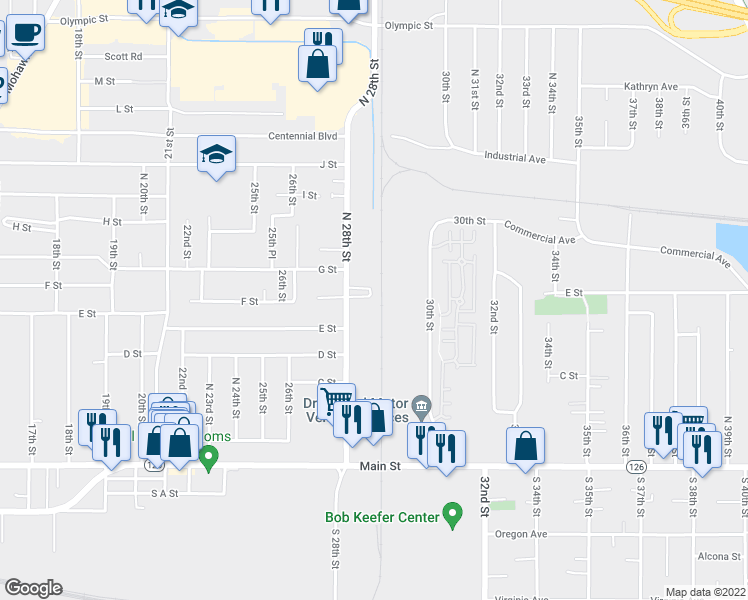 map of restaurants, bars, coffee shops, grocery stores, and more near 725 28th Street in Springfield