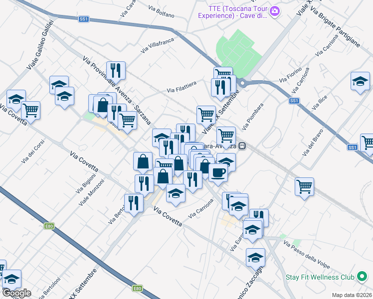 map of restaurants, bars, coffee shops, grocery stores, and more near 203/A Viale XX Settembre in Carrara