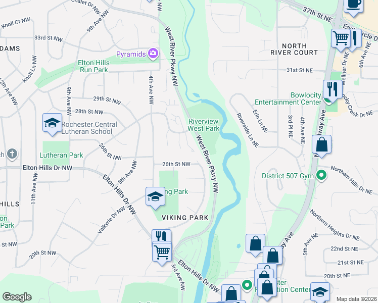 map of restaurants, bars, coffee shops, grocery stores, and more near 105 26th Street Northwest in Rochester