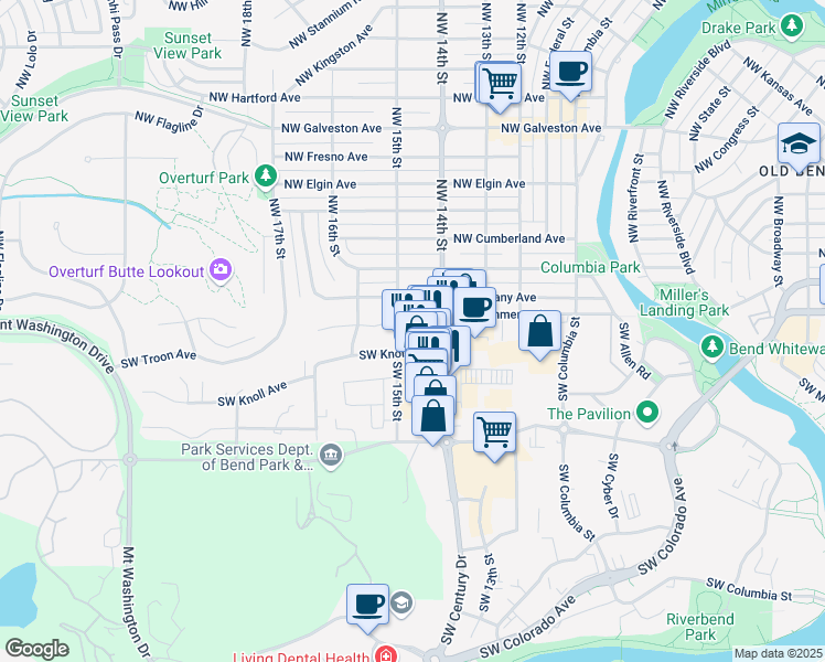 map of restaurants, bars, coffee shops, grocery stores, and more near 1470 Southwest Knoll Avenue in Bend