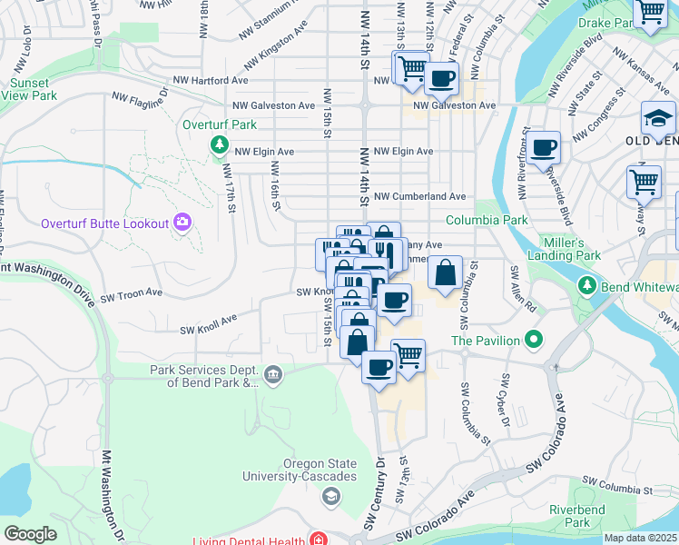 map of restaurants, bars, coffee shops, grocery stores, and more near 38 Southwest 15th Street in Bend