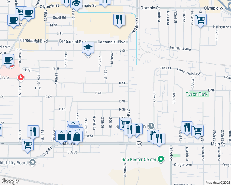 map of restaurants, bars, coffee shops, grocery stores, and more near 2700 E Street in Springfield