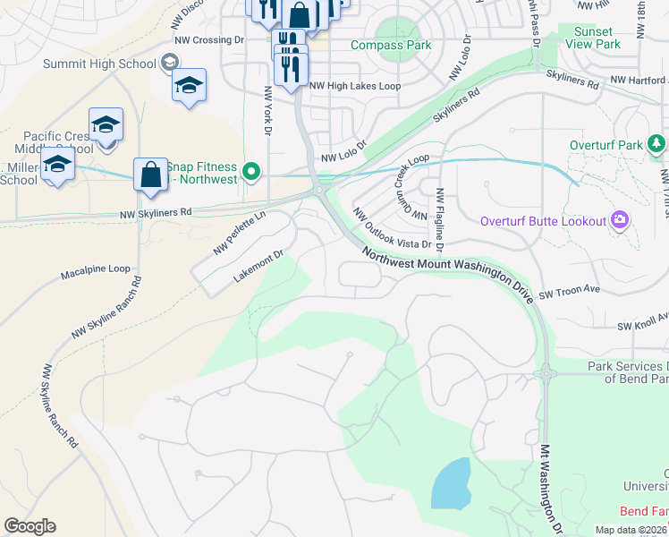 map of restaurants, bars, coffee shops, grocery stores, and more near 19445 Ironwood Circle in Bend