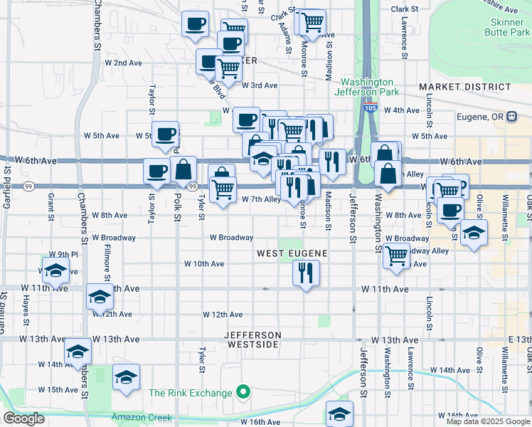map of restaurants, bars, coffee shops, grocery stores, and more near 959 West 8th Avenue in Eugene