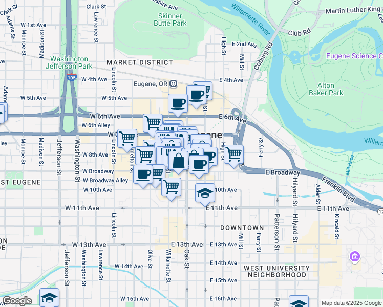 map of restaurants, bars, coffee shops, grocery stores, and more near 126 East 8th Avenue in Eugene