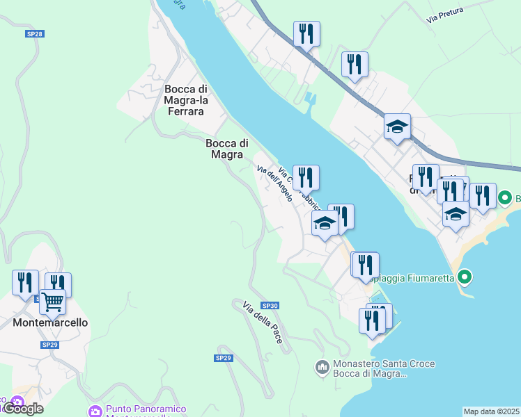 map of restaurants, bars, coffee shops, grocery stores, and more near 50 Via della Pace in Provincia della Spezia