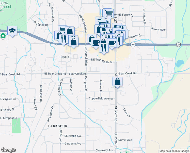 map of restaurants, bars, coffee shops, grocery stores, and more near 61970 Pettigrew Road in Bend