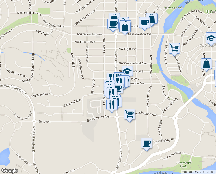 map of restaurants, bars, coffee shops, grocery stores, and more near 1470 Southwest Knoll Avenue in Bend