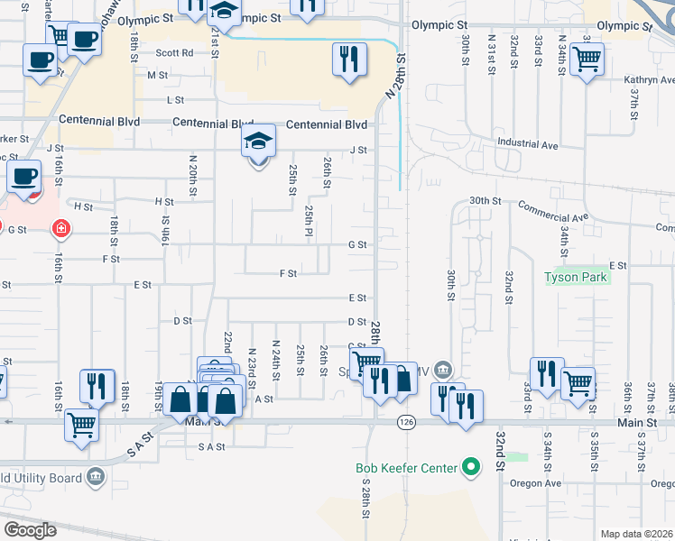 map of restaurants, bars, coffee shops, grocery stores, and more near 2700 E Street in Springfield