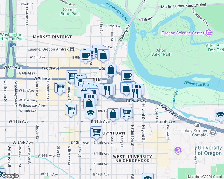 map of restaurants, bars, coffee shops, grocery stores, and more near 360 East 8th Avenue in Eugene