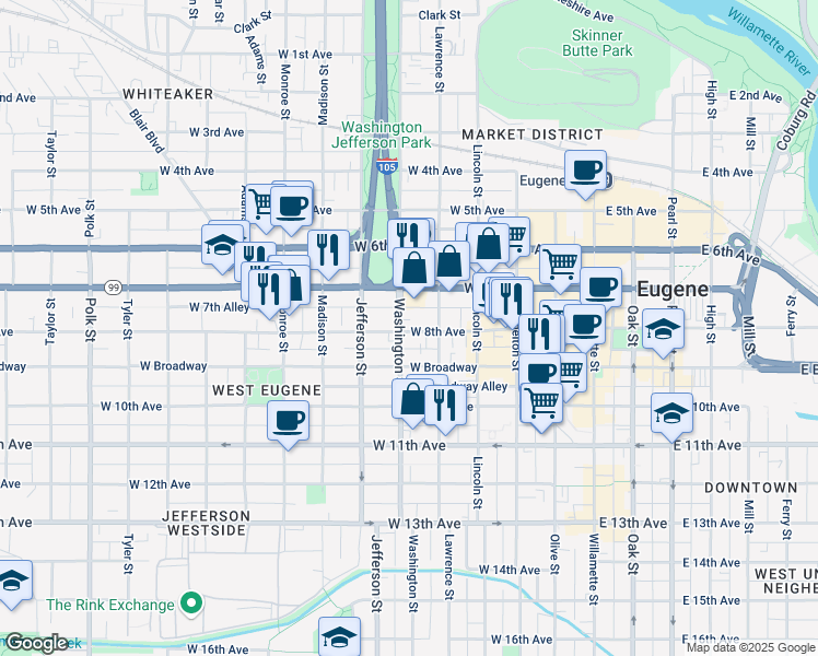 map of restaurants, bars, coffee shops, grocery stores, and more near in Eugene