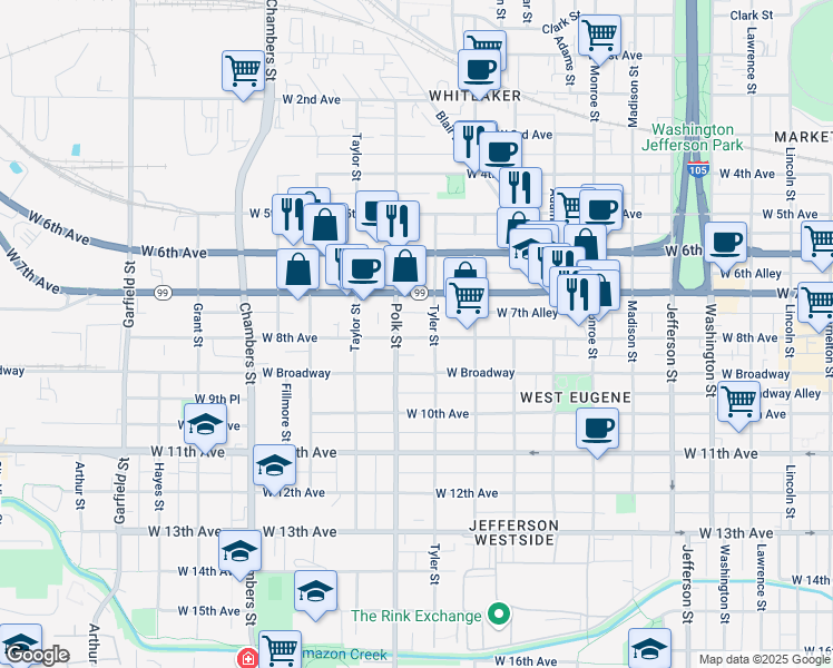 map of restaurants, bars, coffee shops, grocery stores, and more near 835 Tyler Street in Eugene