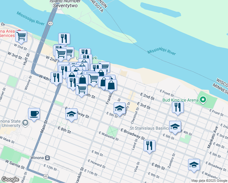 map of restaurants, bars, coffee shops, grocery stores, and more near 265 East 3rd Street in Winona