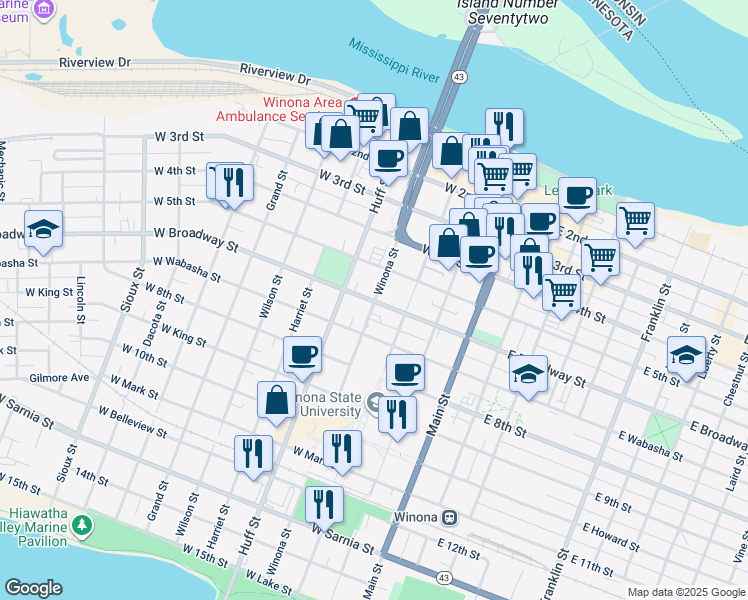 map of restaurants, bars, coffee shops, grocery stores, and more near 305 Winona Street in Winona