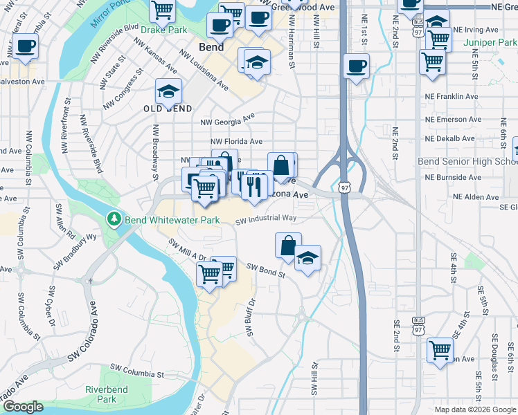 map of restaurants, bars, coffee shops, grocery stores, and more near 310 Southwest Industrial Way in Bend