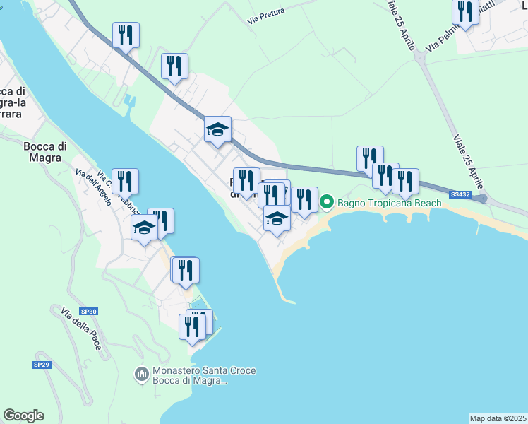 map of restaurants, bars, coffee shops, grocery stores, and more near 53 Via Baban in Fiumaretta di Ameglia