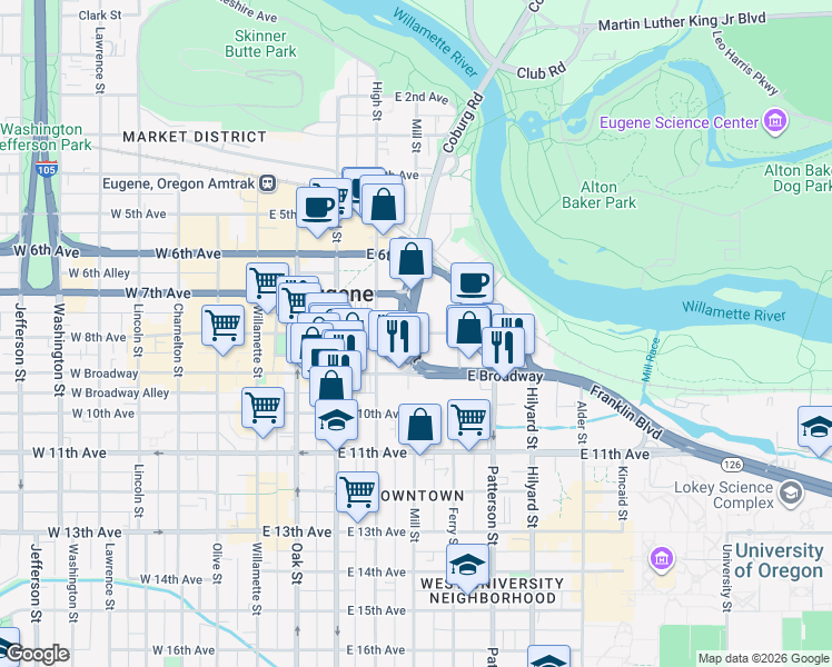 map of restaurants, bars, coffee shops, grocery stores, and more near East 8th Avenue in Eugene