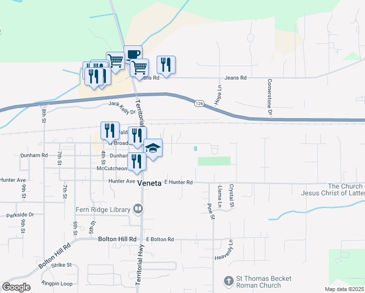 map of restaurants, bars, coffee shops, grocery stores, and more near 25160 East Broadway Avenue in Veneta