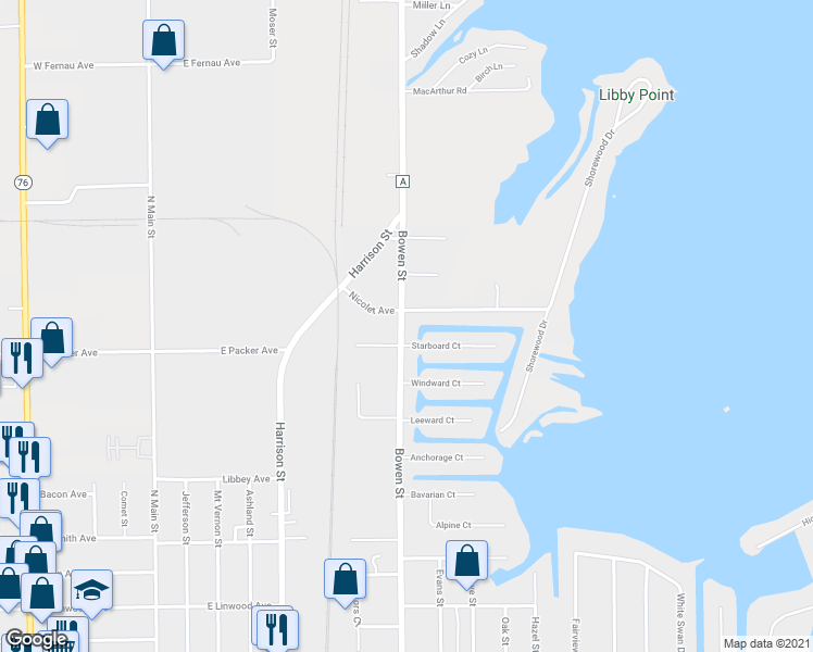 map of restaurants, bars, coffee shops, grocery stores, and more near 2710 Bowen Street in Oshkosh