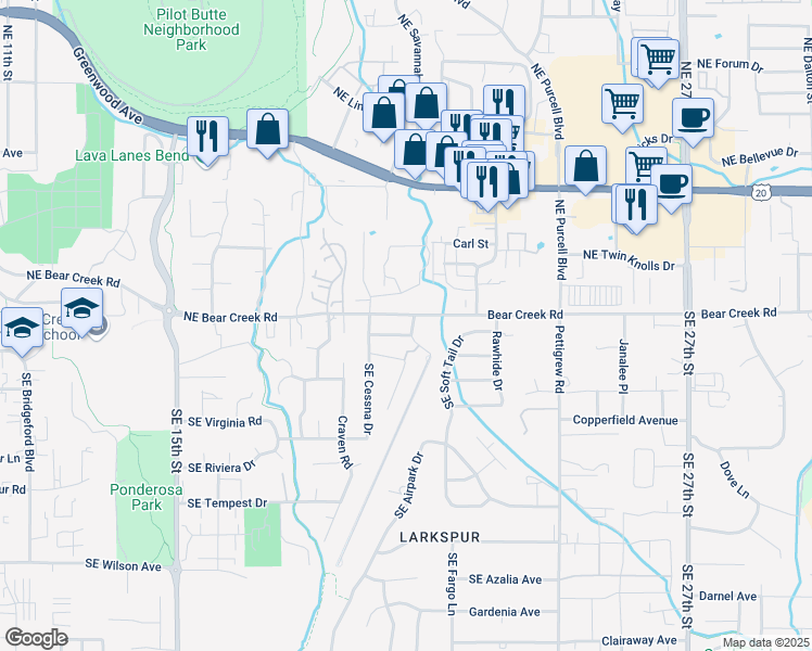 map of restaurants, bars, coffee shops, grocery stores, and more near 11 Southeast Airstrip Road in Bend