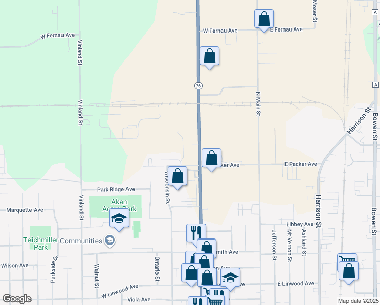 map of restaurants, bars, coffee shops, grocery stores, and more near 2725 Jackson Street in Oshkosh