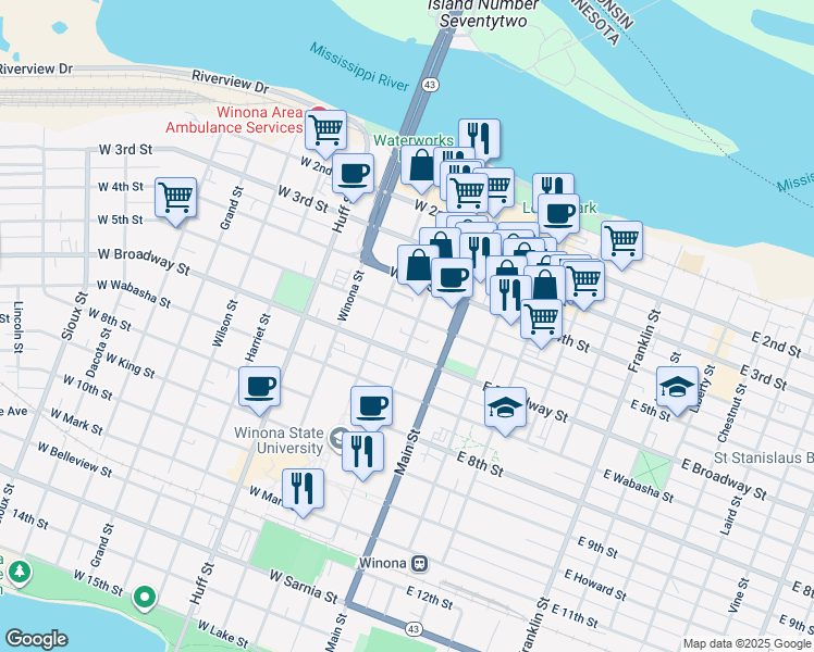 map of restaurants, bars, coffee shops, grocery stores, and more near 151 West 5th Street in Winona