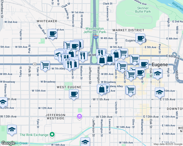 map of restaurants, bars, coffee shops, grocery stores, and more near 595 West 8th Avenue in Eugene