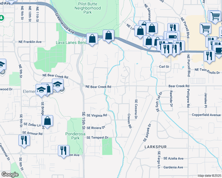 map of restaurants, bars, coffee shops, grocery stores, and more near 1755 Northeast Bear Creek Road in Bend