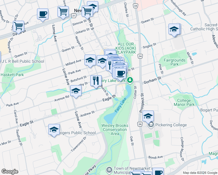map of restaurants, bars, coffee shops, grocery stores, and more near 452 D'Arcy Street in Newmarket