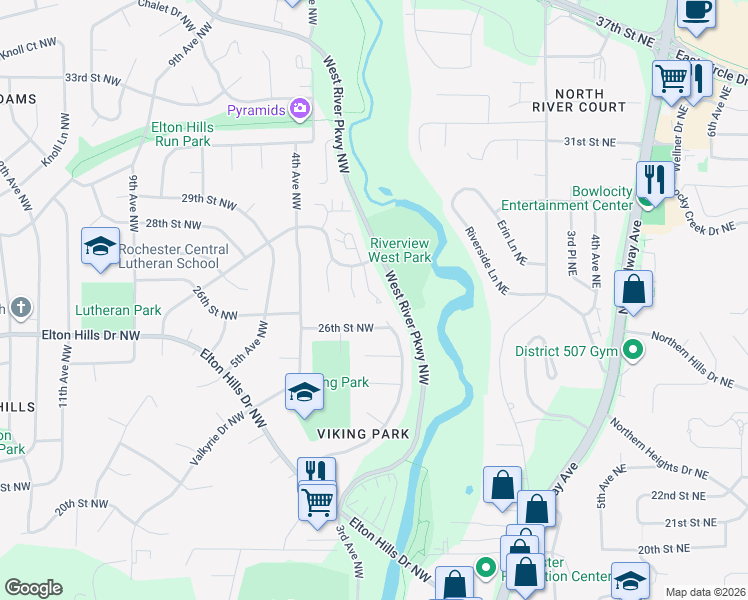 map of restaurants, bars, coffee shops, grocery stores, and more near 105 26th Street Northwest in Rochester