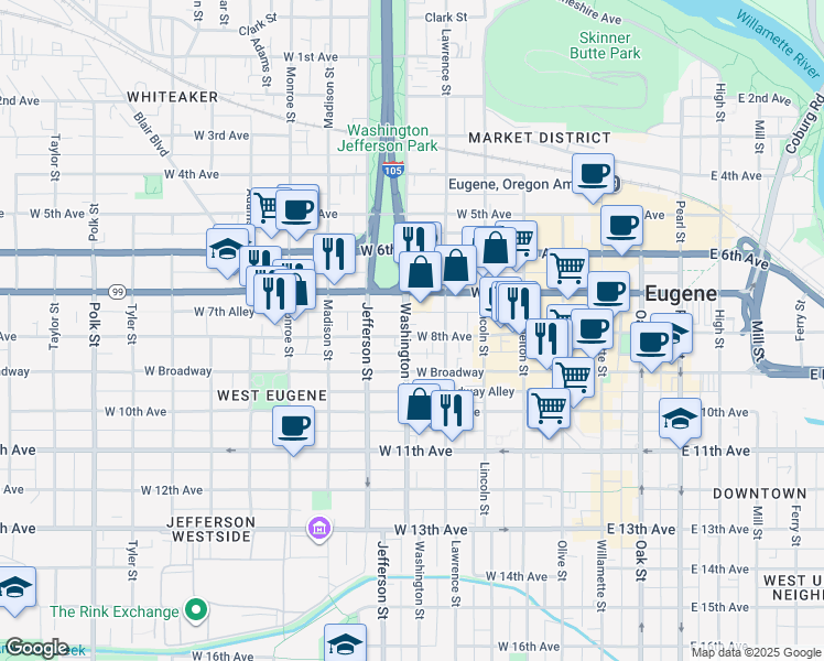 map of restaurants, bars, coffee shops, grocery stores, and more near in Eugene