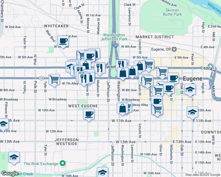 map of restaurants, bars, coffee shops, grocery stores, and more near 842 Jefferson Street in Eugene