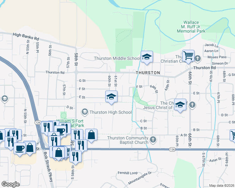 map of restaurants, bars, coffee shops, grocery stores, and more near 6100 E Street in Springfield