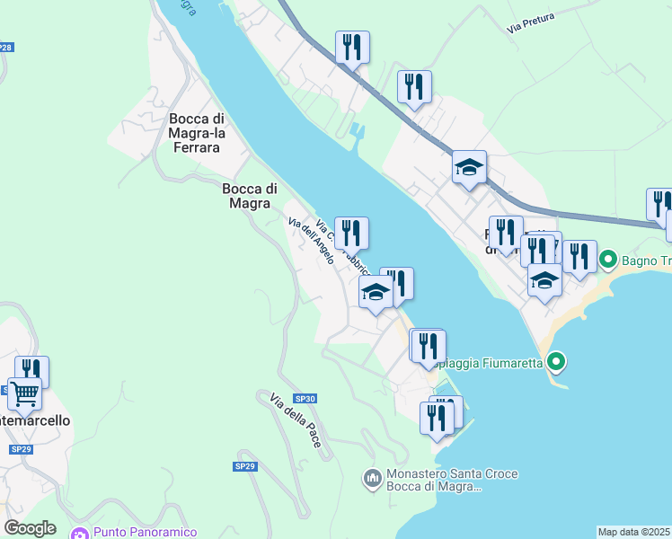 map of restaurants, bars, coffee shops, grocery stores, and more near 20 Via dell'Angelo in Bocca di Magra