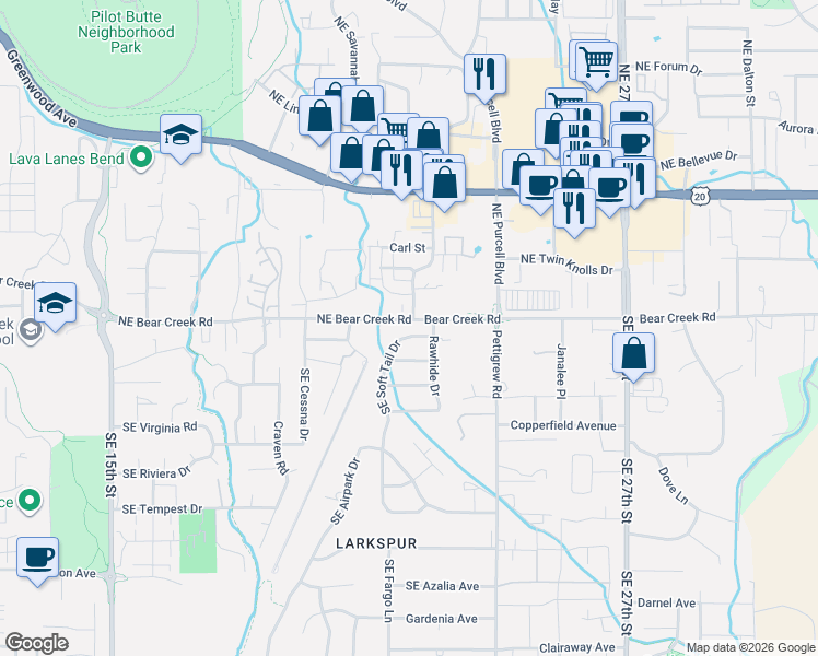 map of restaurants, bars, coffee shops, grocery stores, and more near 2244 Southeast Velocette Lane in Bend