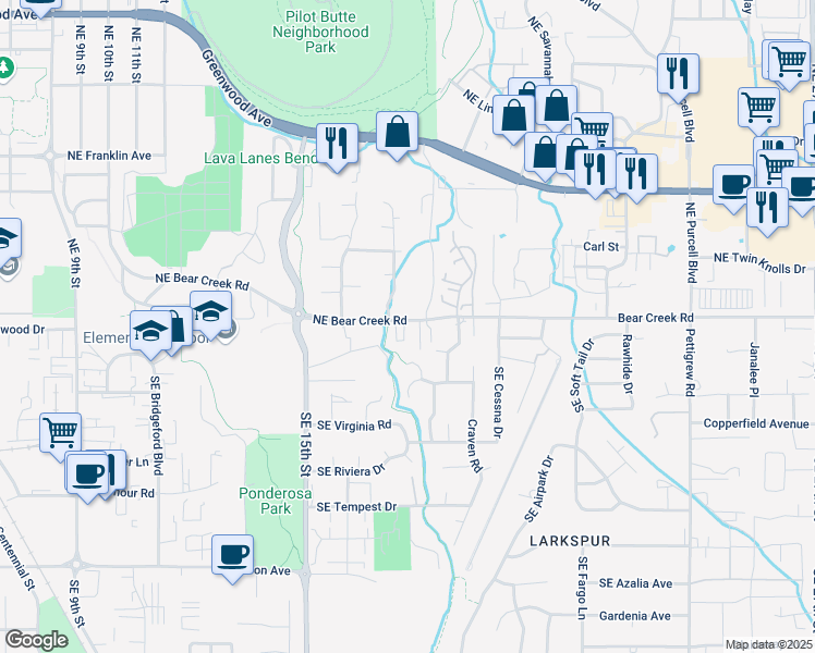 map of restaurants, bars, coffee shops, grocery stores, and more near 1755 Northeast Bear Creek Road in Bend