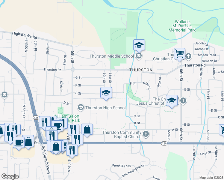 map of restaurants, bars, coffee shops, grocery stores, and more near 6100 E Street in Springfield