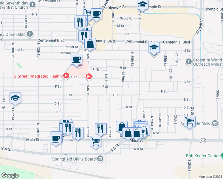 map of restaurants, bars, coffee shops, grocery stores, and more near 1829 E Street in Springfield