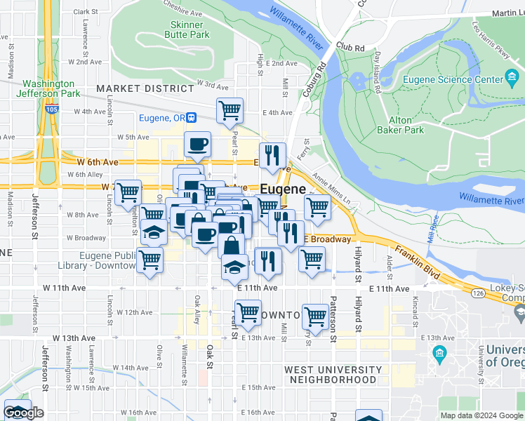 map of restaurants, bars, coffee shops, grocery stores, and more near 801-899 High Street in Eugene