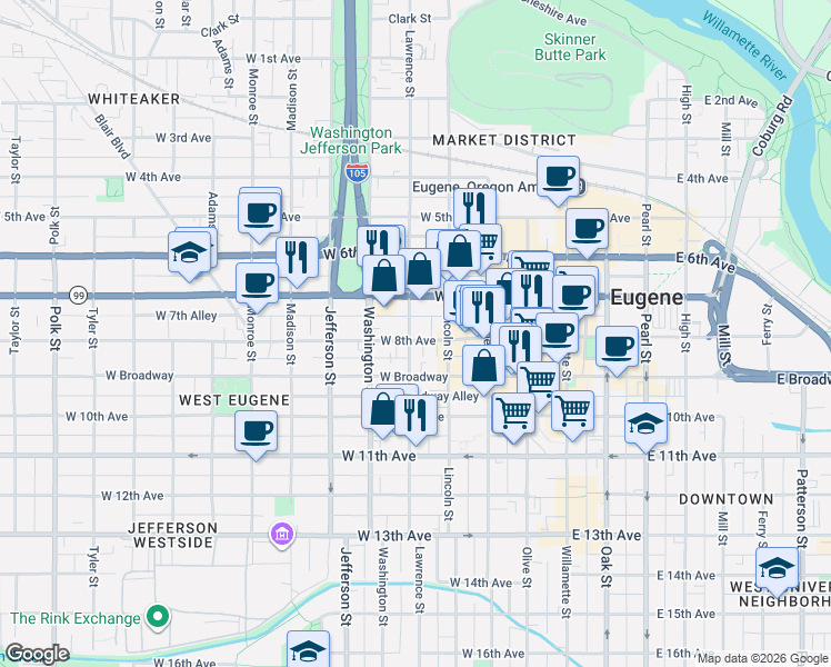 map of restaurants, bars, coffee shops, grocery stores, and more near 840 Lawrence Street in Eugene