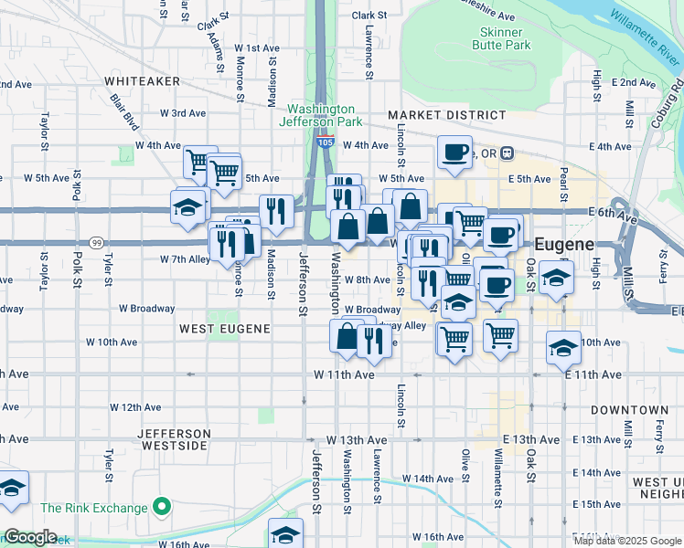 map of restaurants, bars, coffee shops, grocery stores, and more near in Eugene