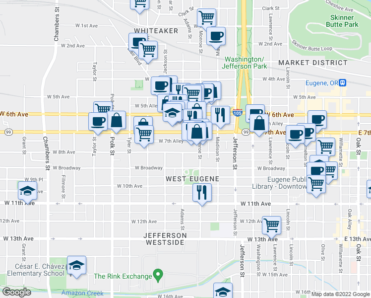 map of restaurants, bars, coffee shops, grocery stores, and more near 860 Adams Street in Eugene