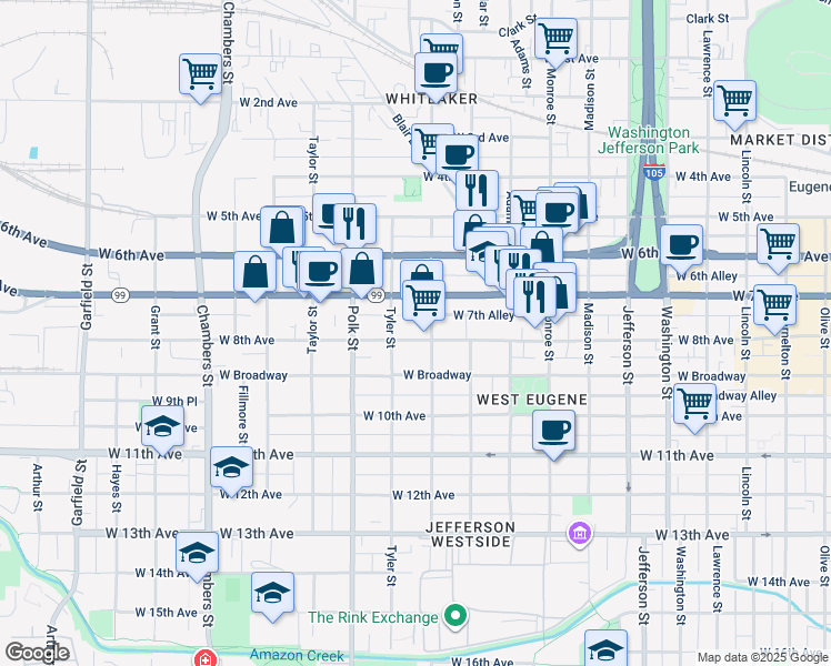 map of restaurants, bars, coffee shops, grocery stores, and more near 830 Van Buren Street in Eugene