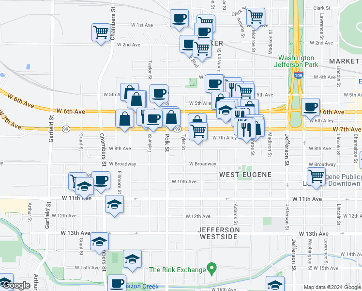 map of restaurants, bars, coffee shops, grocery stores, and more near 835 Tyler Street in Eugene