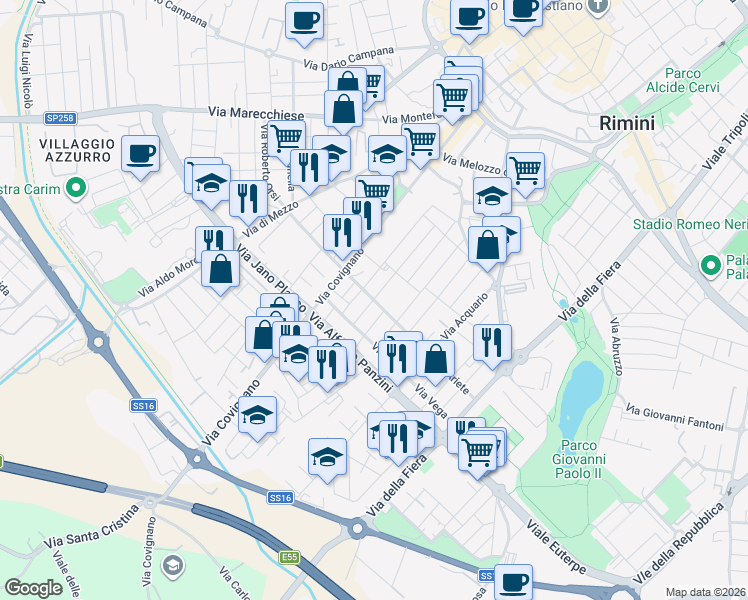 map of restaurants, bars, coffee shops, grocery stores, and more near 23A Via Ariete in Rimini