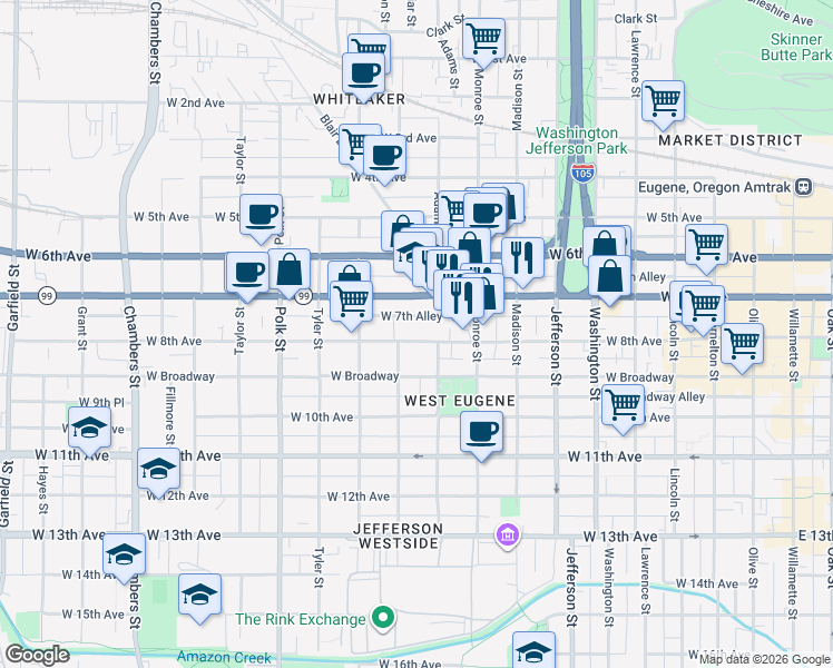 map of restaurants, bars, coffee shops, grocery stores, and more near 860 Adams Street in Eugene